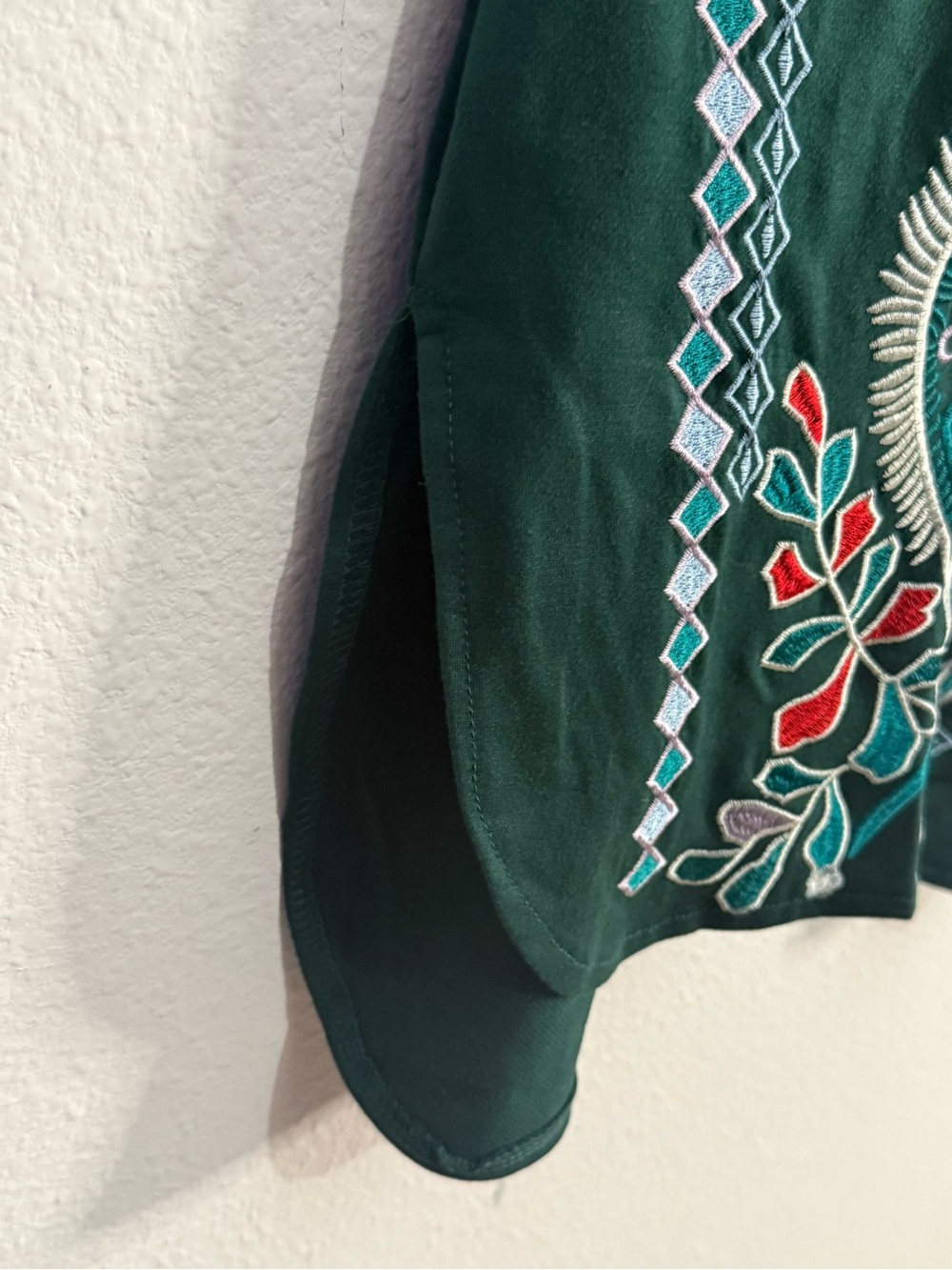 Misslook Boho Embroidered Tunic Dress Hunter Green 3/4Sleeve Shift Cottagecore L - Picture 5 of 8